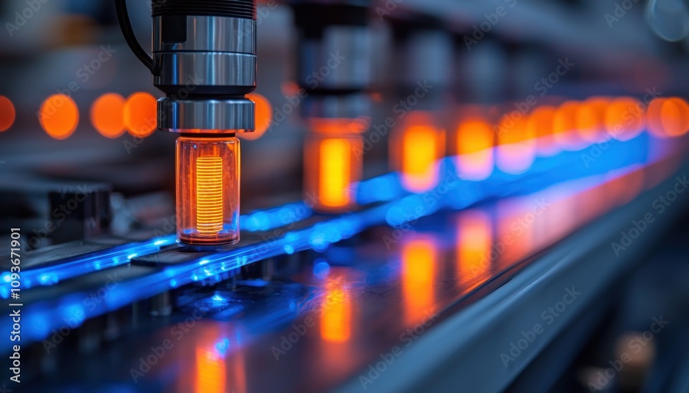 Poster illuminated glass tubes on a conveyor belt in a factory setting