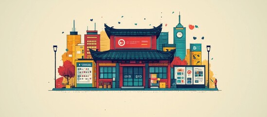 Stylized Illustration of a Cityscape with a Traditional Chinese Building