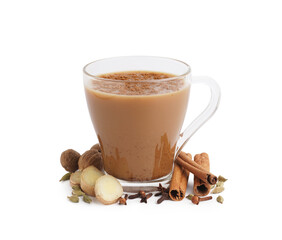 Glass cup of tasty masala tea with different spices on white background