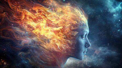 Abstract digital art depicting a woman with a flaming head, representing passion, strength, or creativity.