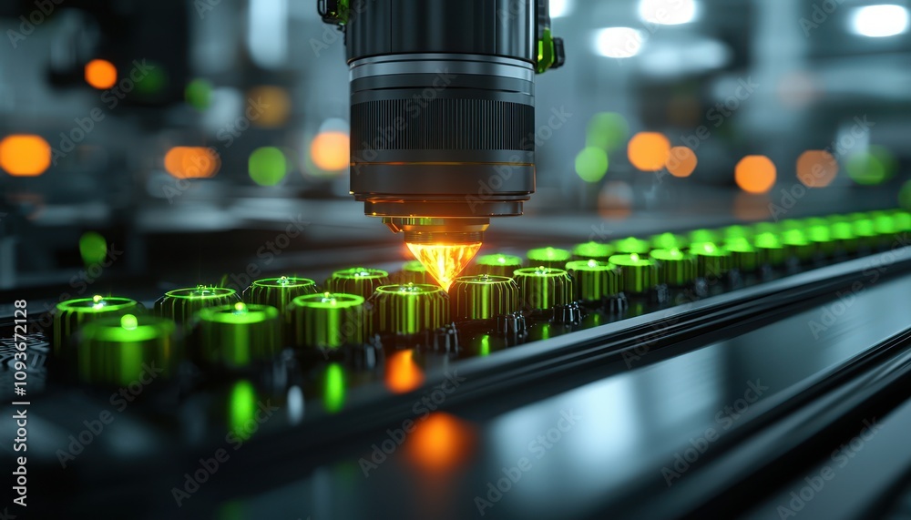 Poster closeup of a robotic arm with a glowing tip, inspecting green components on a production line.