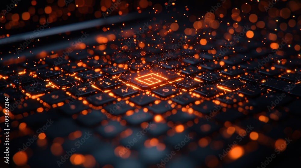 Poster glowing orange keyboard with sparks and blurred background