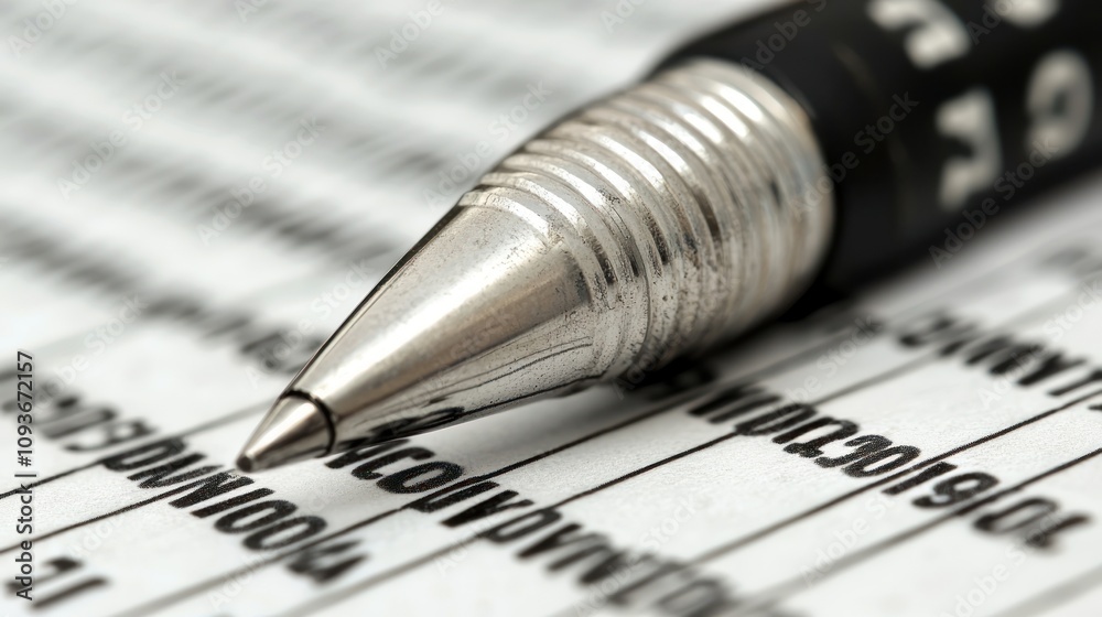 Poster close-up of a metallic pen tip on a paper surface