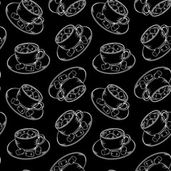 Seamless pattern with sketches of hot chocolate  white cups with marshmallows on a  black background. The illustration is made in hand drawn style, perfect for packaging, textiles, kitchen cafe design