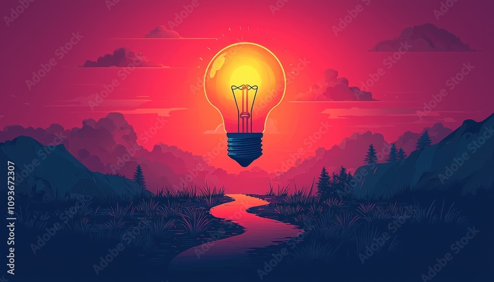 Poster a glowing lightbulb floating above a tranquil landscape