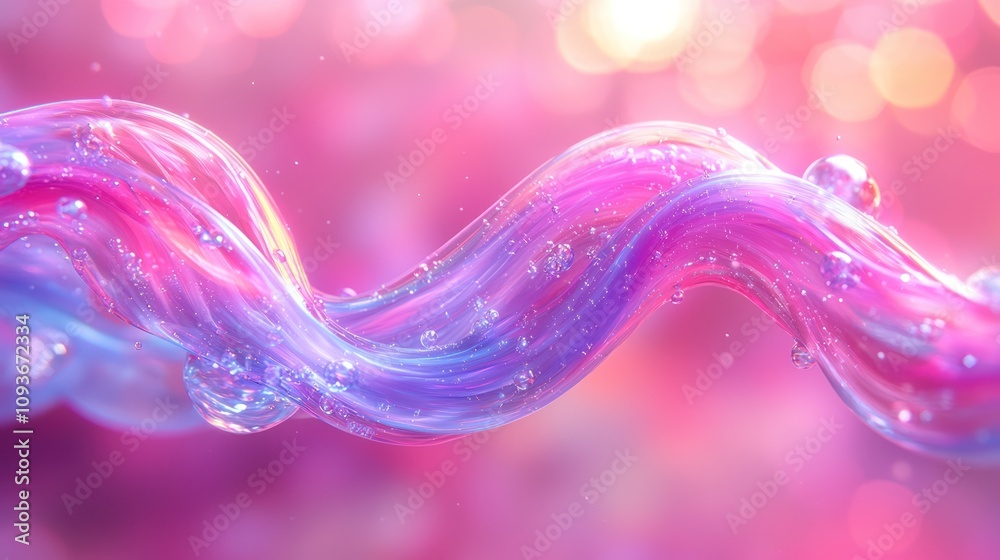 Poster abstract wave of pink and blue liquid with bubbles and bokeh