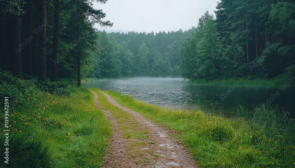 Poster a winding path through a lush forest towards a foggy lake