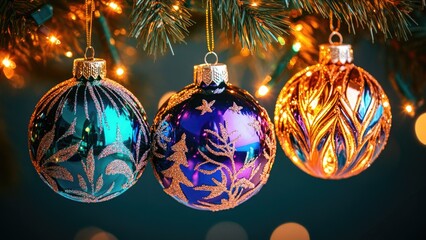 Colorful christmas ornaments on tree with festive lights. Happy New Year. Merry Christmas.