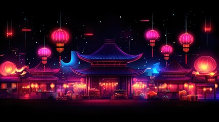 Vibrant neon-lit night market with traditional chinese lanterns and temples. Happy Chinese New Year