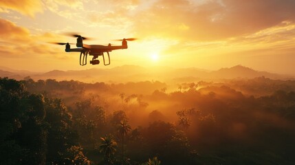 Drone flying over forest at sunset