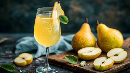A delicate pear cider served in a champagne flute with a pear slice garnish.