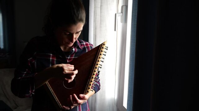 Woman paying Zither at home near to window