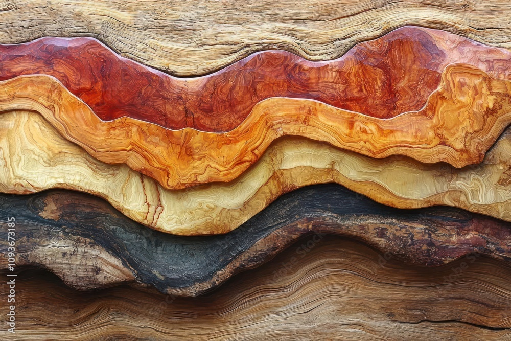Poster abstract wavy layers of polished wood with varied colors and textures