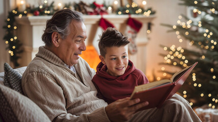 Grandpa and Grandson Reading Together in Front of the Fireplace Decorated for Christmas with blurred background and bokeh lights.
