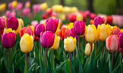 A field of multicolored tulips blooming in springtime
