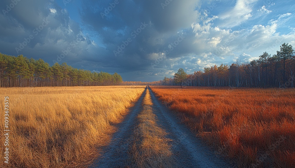Poster A Dirt Path Divides Two Fields of Golden and Red Grass with a Cloudy Sky Overhead