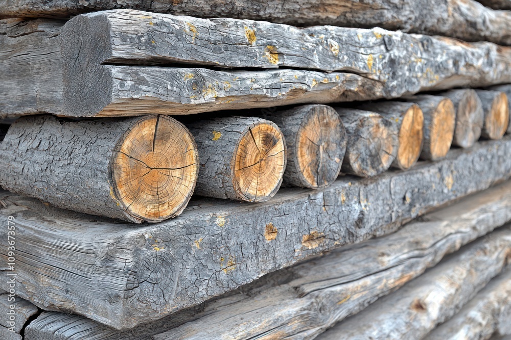 Poster close-up of weathered logs stacked in a pile