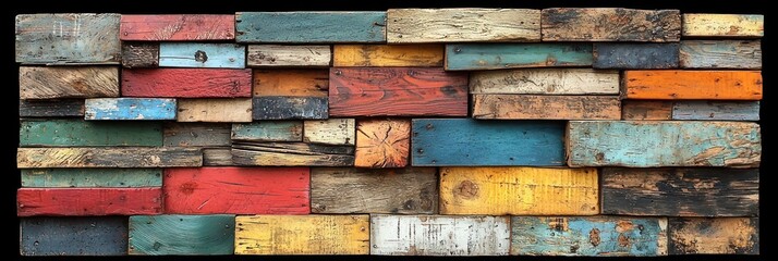 A Wall of Reclaimed Wooden Planks with Various Stains and Paint