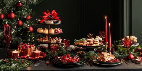 Festive Christmas Dinner Table with Red and Green Decor, Elegant Candles, and Holiday Foods