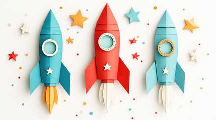 Three Paper Rockets with Stars on a White Background