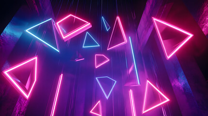 A dynamic installation with suspended geometric shapes illuminated by neon lights.