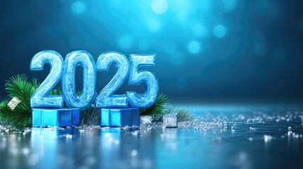 Festive 2025 celebration scene with blue theme and holiday decorations