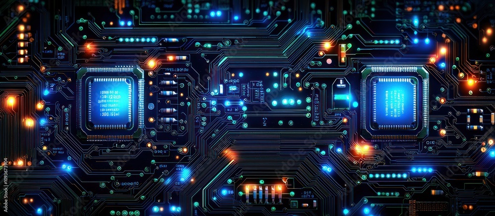 Poster Close-up of a Circuit Board with Glowing Components