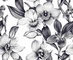  Seamless pattern of orchids in black and white. white background