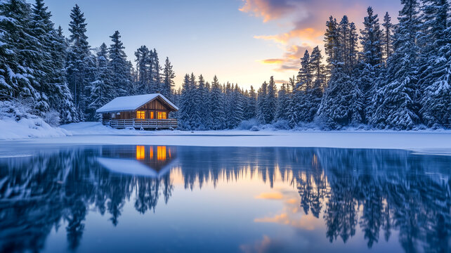 Cozy cabin by a snowy lake surrounded by winter forest at sunset