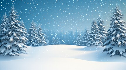 Fototapeta premium A snowy winter landscape with pine trees and a falling snow.