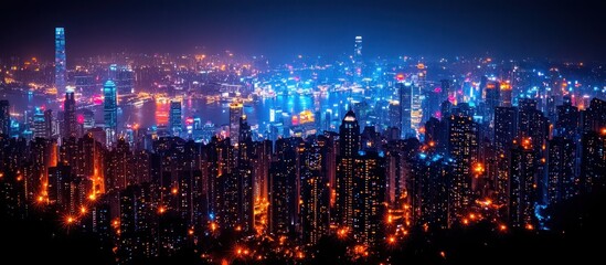 Obraz premium Nighttime View of a Densely Populated City with Illuminated Skyscrapers