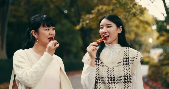Asian women, cheers and friends eating street food, walk or happy on commute to travel to Japan. Girls, together or smile with snack outdoor or dango at park for vacation, toast or tourist on holiday