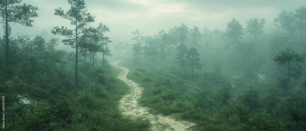 Poster a winding path through a foggy forest