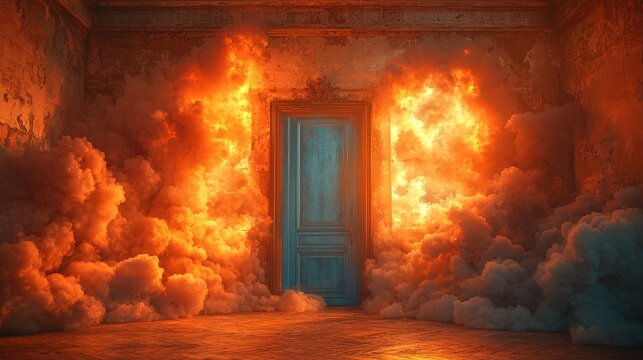 A surreal scene featuring a blue door surrounded by flames and smoke in a dilapidated room.