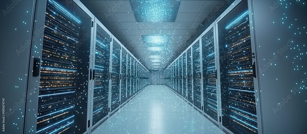 Aufkleber server racks in a modern data center with glowing lights