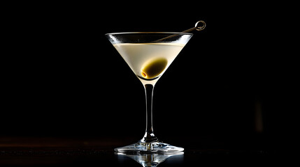 A freshly shaken martini garnished with a single green olive.