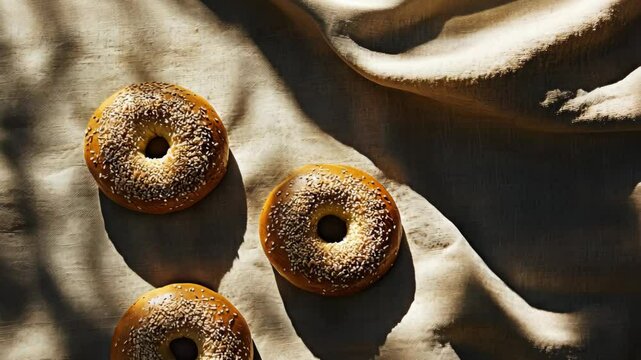Three delicious sesame bagels rest on a linen cloth bathed in morning sunlight