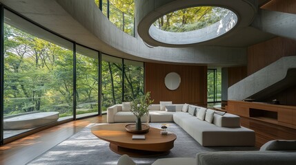 Fototapeta premium Modern Living Room with Lush Green Views