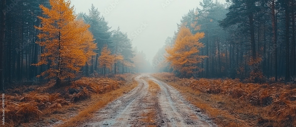 Poster a foggy forest path with golden trees