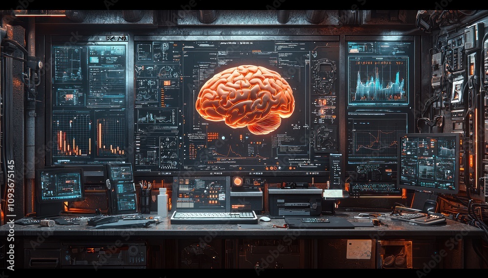 Aufkleber futuristic workstation with glowing brain displayed on a screen