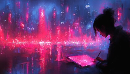 Fototapeta premium A Silhouetted Figure Drawing on a Tablet with a Vibrant Cityscape Behind Them