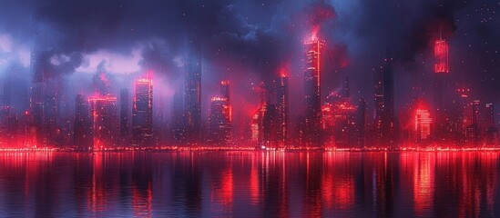 Obraz premium Cityscape with Red Neon Lights and Water Reflections