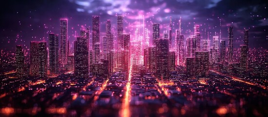 Fototapeta premium A Neon-Lit Cityscape with a Pink Sky at Dusk