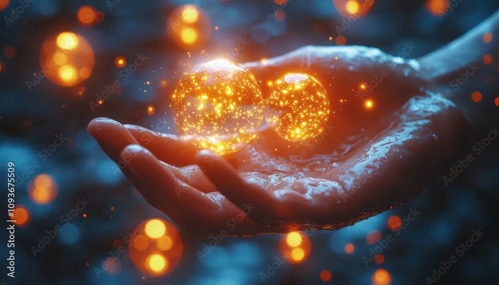 Aufkleber hand holding two glowing orbs with abstract background