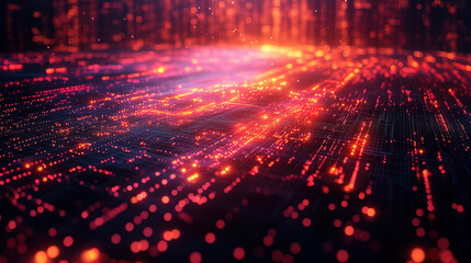 Fototapeta premium Vibrant digital landscape with glowing particles and data streams in an abstract setting. Generative AI