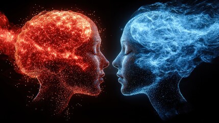 Two Abstract Faces Embracing, One Red and One Blue