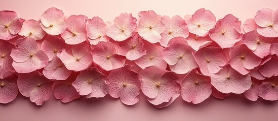 Fototapeta premium Pink Hydrangea Petals Arranged in a Row on a Pale Pink Background