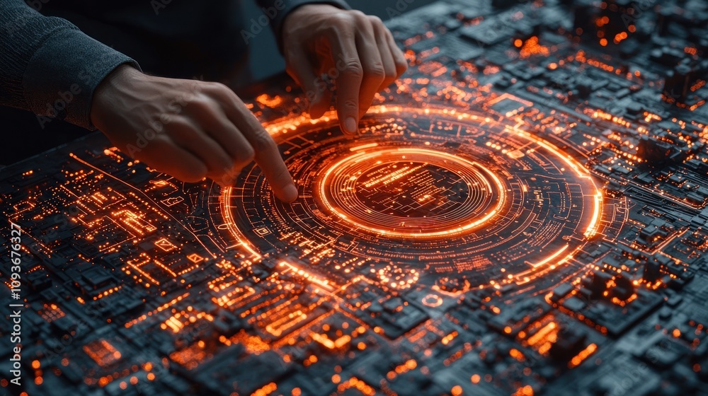 Poster hands interacting with a futuristic glowing interface