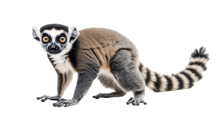 Fototapeta premium A curious lemur with a long striped tail isolated on a transparent background, PNG