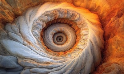 A swirling vortex of stone in a canyon creates an otherworldly spiral, with layers of rock in shades of orange and white